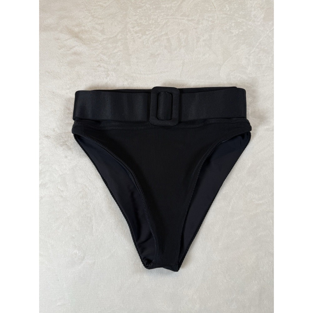 Beach Riot Bikini Bottom XS Black Ribbed High Waist Belted Buckle Made USA NWOT
